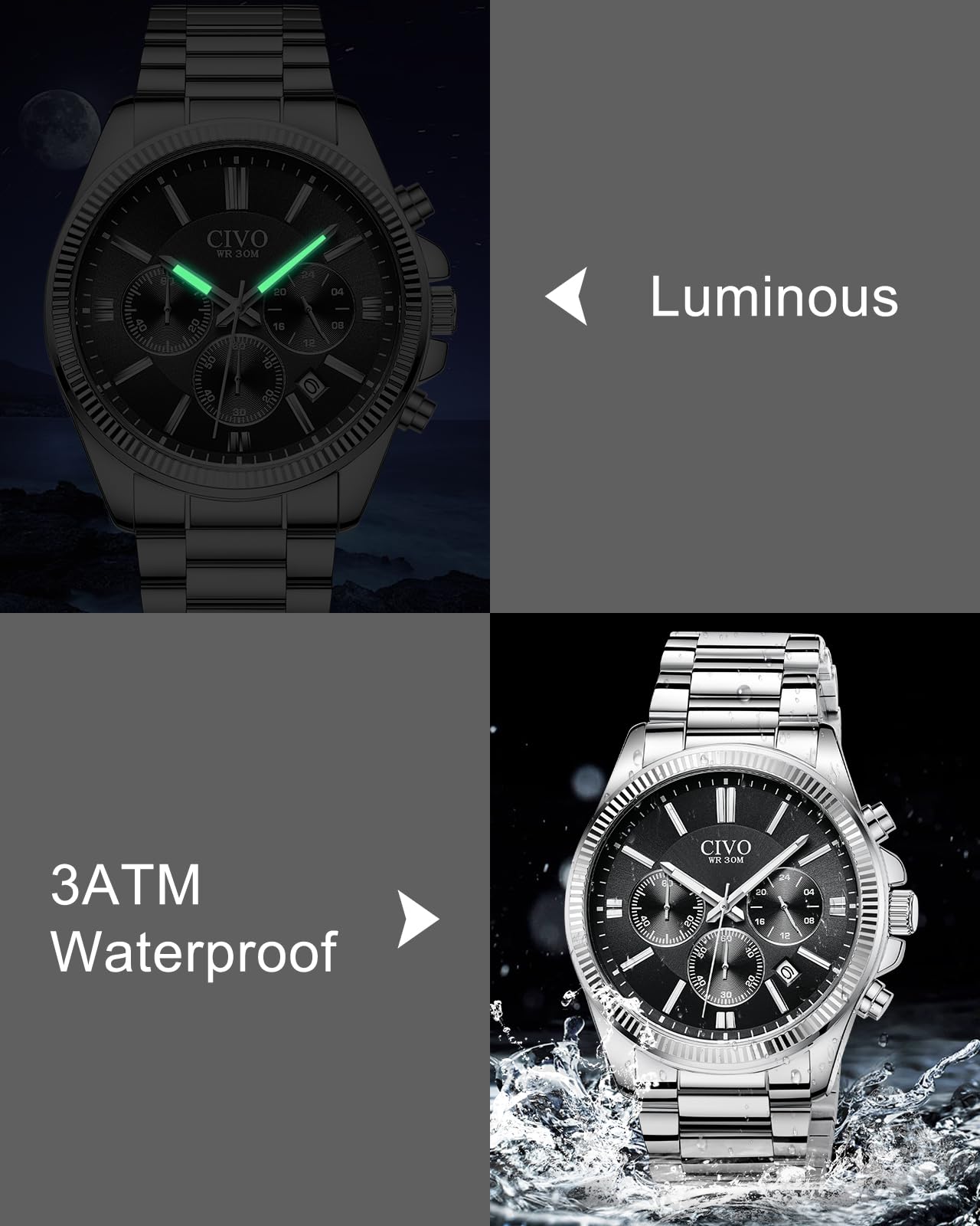CIVO Montre Homme Chronographe Acier: Etanche Analogique Grand Cadran Date | Montre Bracelet avec Aiguilles Lumineuses pour le Quotidien Casual Affaires - Cadeau pour Lui Père Mari Noël Anniversaire