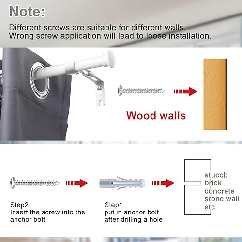 Miniatura 6 de Barras de cortina blancas para ventanas de 28 a 50 pulgadas, juego de barras de cortina resistentes de 58 pulgadas, barras decorativas para cortinas