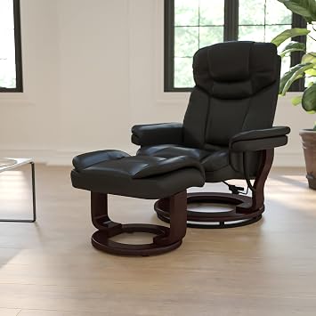BizChair Contemporary Multi-Position Recliner and Curved Ottoman with Swivel Mahogany Wood Base in Black LeatherSoft