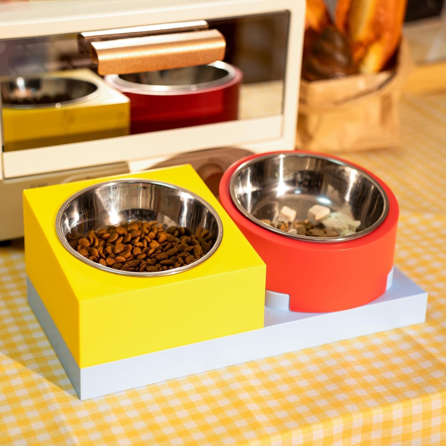 Cat Food Water Bowl Set, for Cats/Dogs, w/ 2 Raised Stainless Steel Puppy Bowls, Elevated DIY Kitten Metal Dishes Stand, Flat Tilted Pet Holder, No Spill Anti Whisker Fatigue Plastic Feeding Station