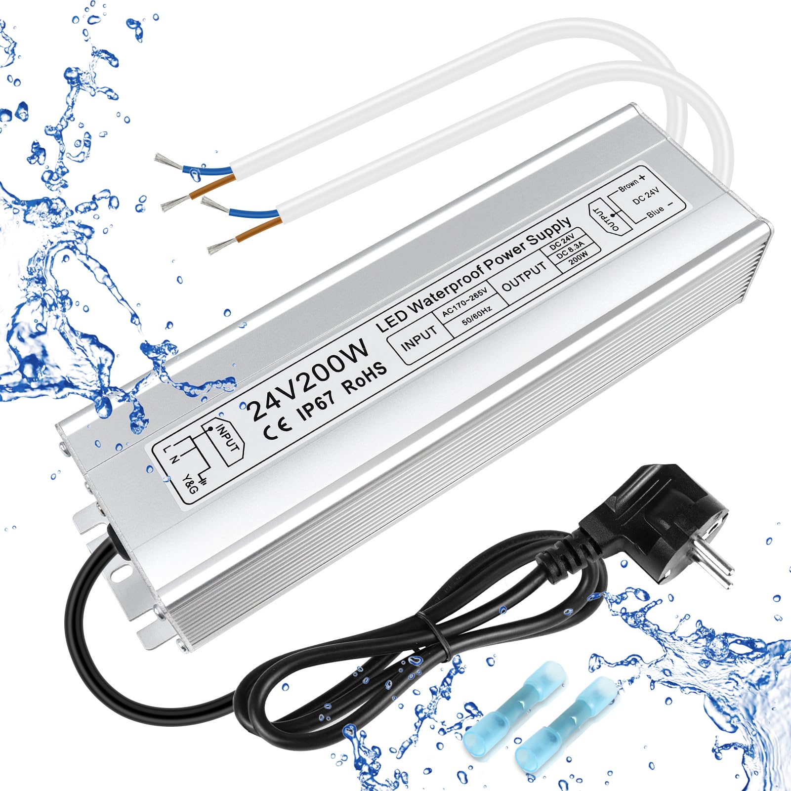 inShareplus Trasformatore LED 24 V 8,33 A 200 W IP67 impermeabile driver per esterni, AC 220 – 240 V a DC 24 Volt a bassa tensione, alimentatore da 24 V per luce LED, progetto computer, uso esterno