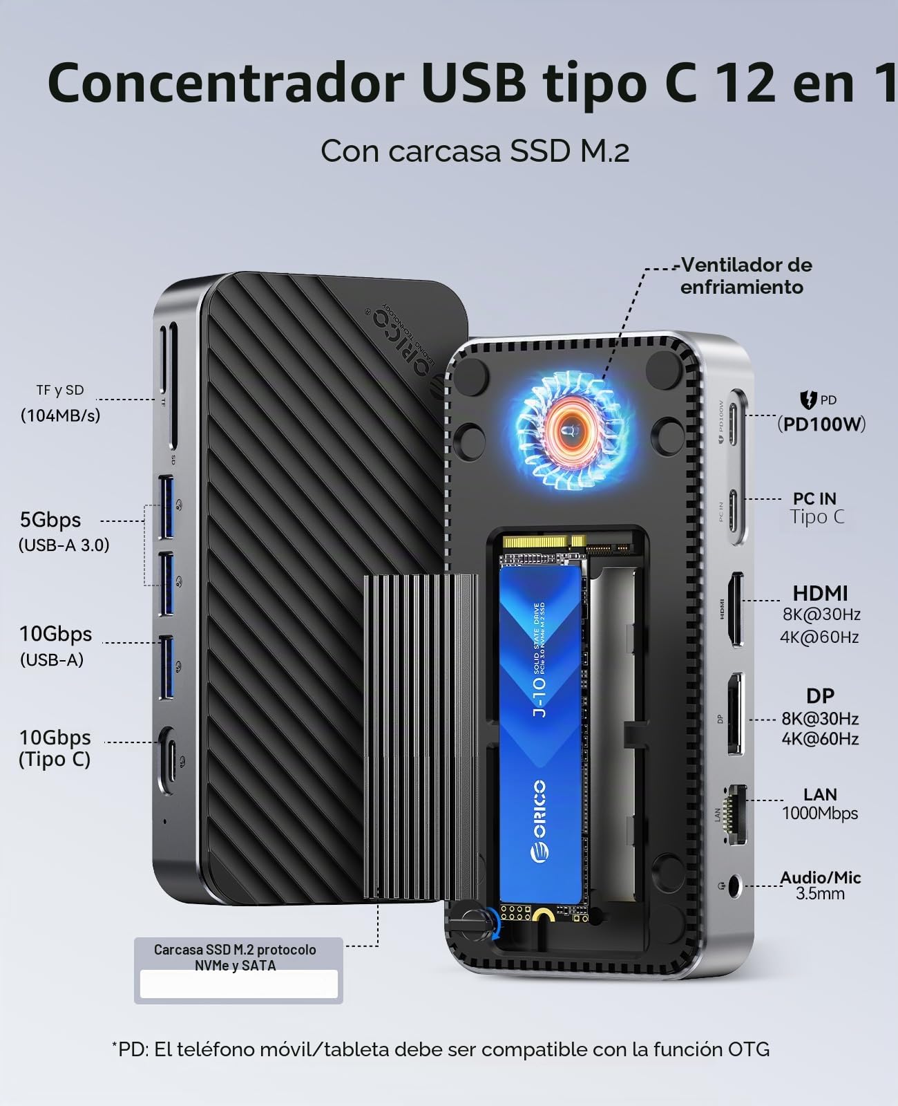 ORICO 11-en-1 USB C-Hub con carcasa SSD M.2, estación de acoplamiento con ventilador, HDMI, DP, Gigabit Ethernet, 100W PD, SD/TF, audio/micrófono, 10 Gbps y 2 x 5 Gbps