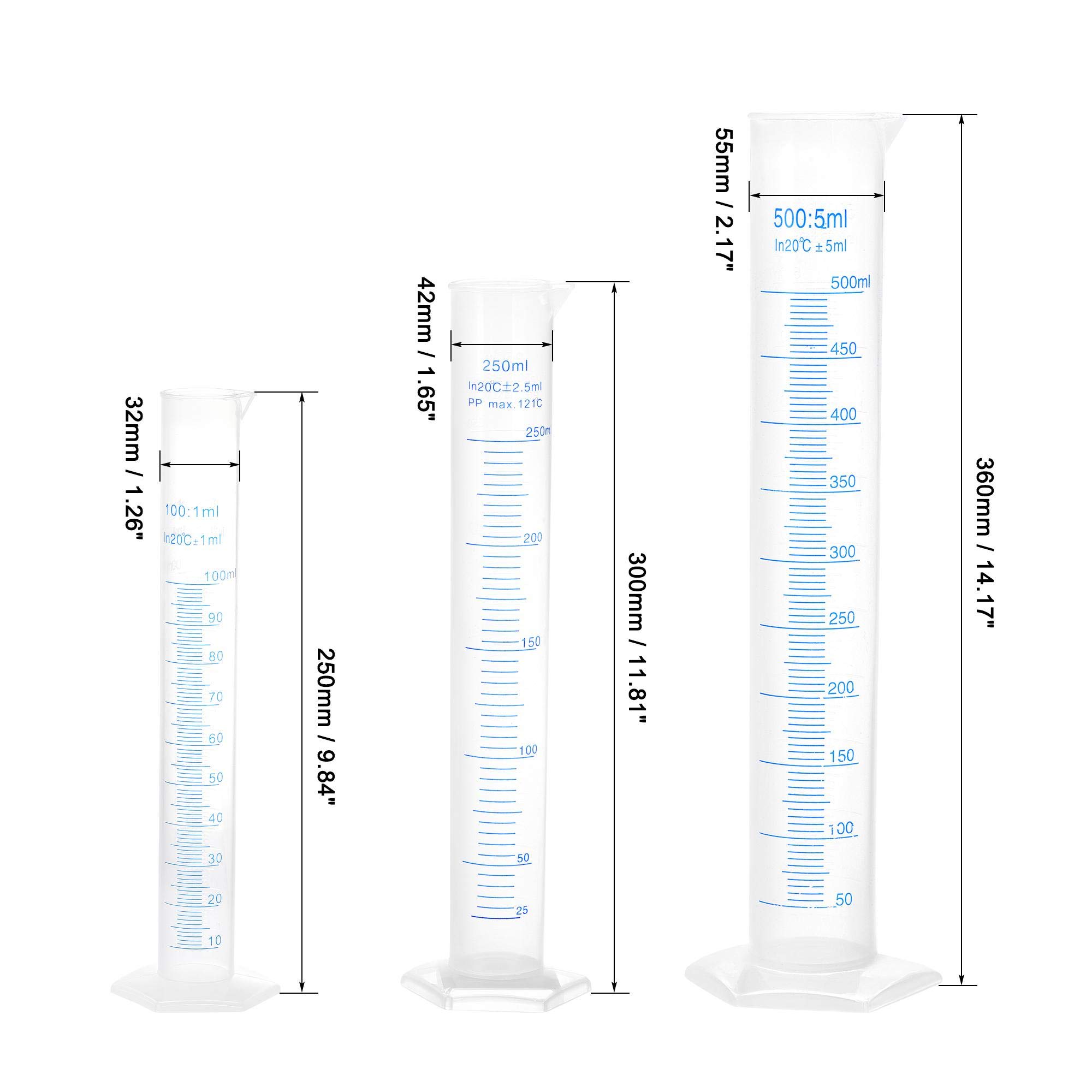 sourcing map Plástico Graduado Cilindro, 100ml 250ml 500ml Medición Cilindro, Doble Cara Métrico Marcado, Transparente Hexagonal Base, 3 En 1 Juego