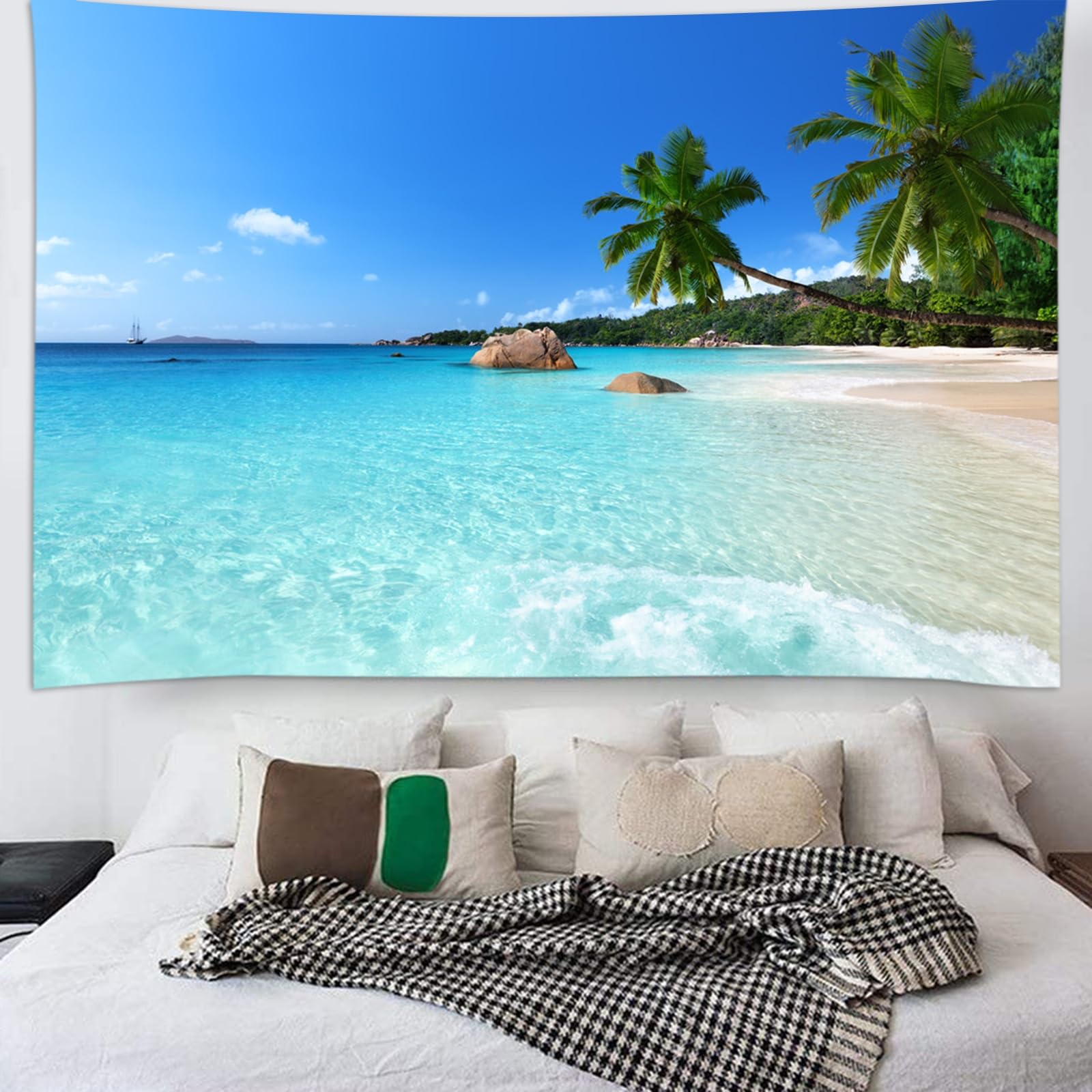 skcess Arazzo da parete 260 x 240 cm, oceano spiaggia, in poliestere, tappezzeria blu cielo naturale, per soggiorno, dormitorio, decorazione per la casa