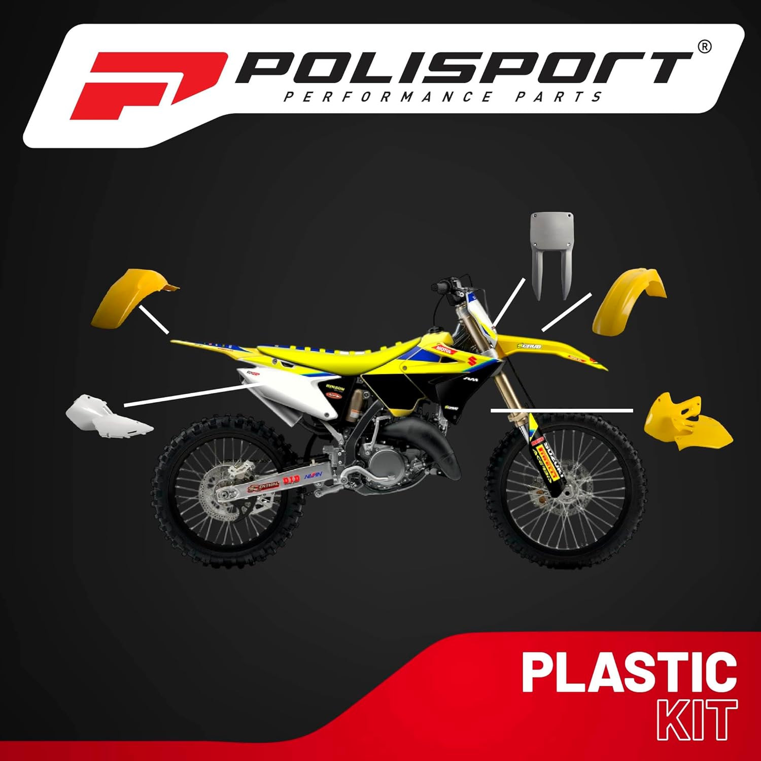 Polisport Motocross (MX) Replica Plastic Kit for Suzuki RM 125/250 (2001-08) Dirt Bike – OEM Quality, Durable, Flexible & Perfect Fit – Yellow/White