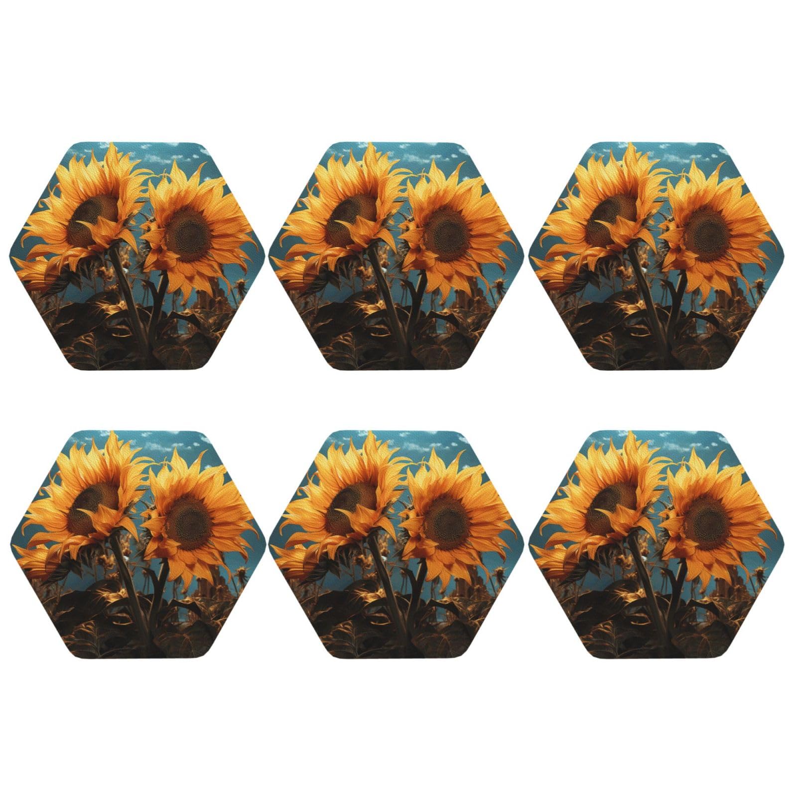 6pcs Leather Coasters for Drinks, Fantasy Sunflower Drink Coasters for Tabletop Protection, 4" Cup Coasters for Coffee Table Decor, Non-Slip Drinking Cup Mat for Hot Or Cold Drink