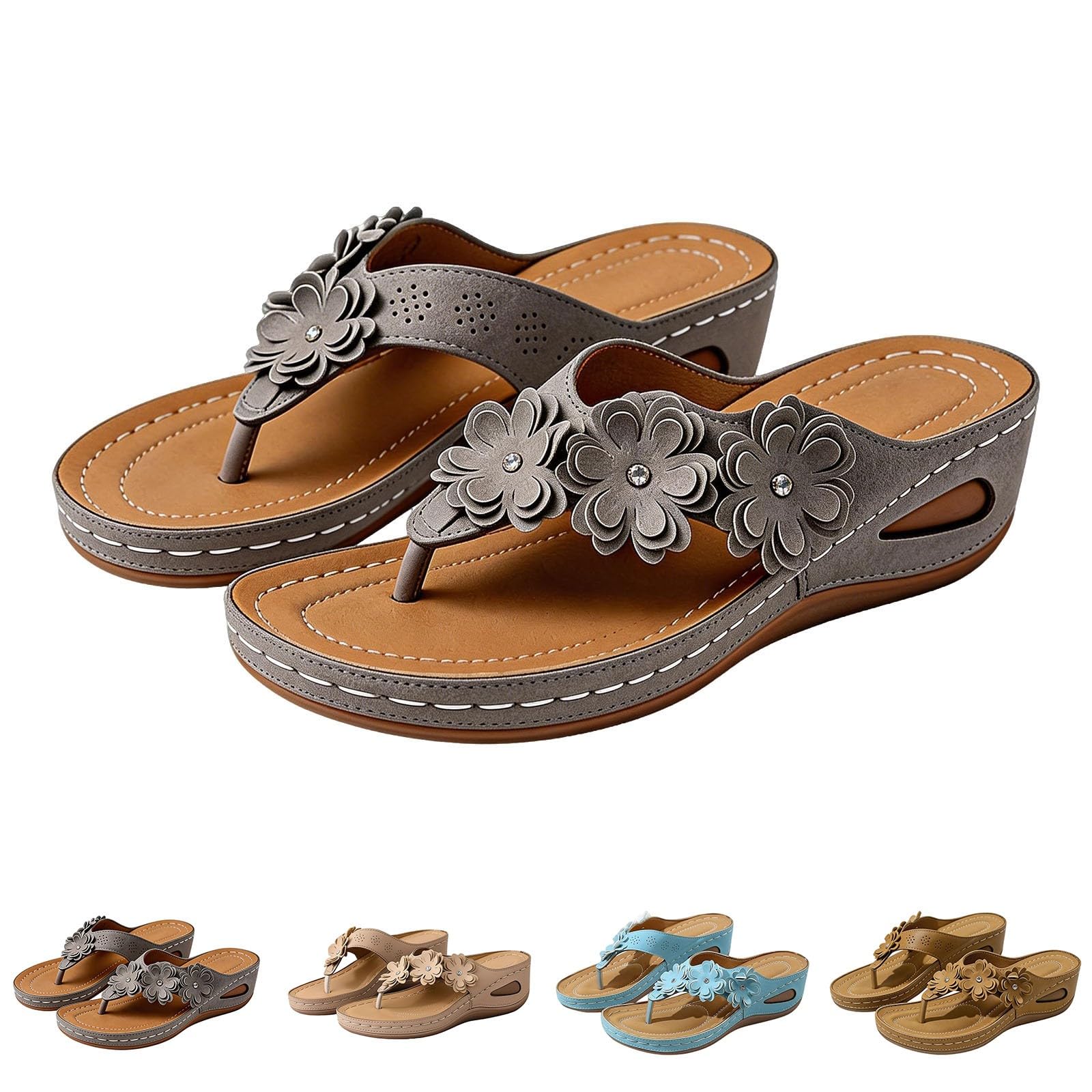 Sandalias de cuña para mujer con cuña - Chanclas de mujer con cuña baja mar con flor sandalia plataforma clip dedos chanclas antideslizantes ligeras y cómodas zapatillas estilo bohemio para piscina