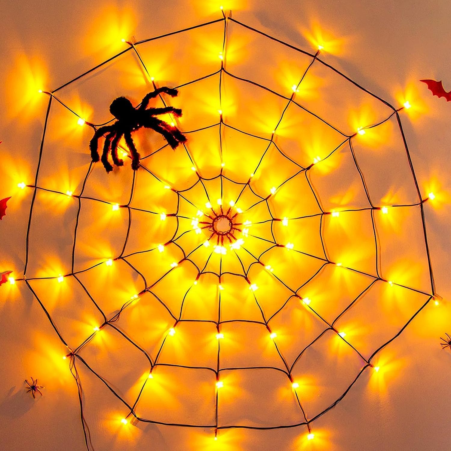 Excefore Halloween decorative light, LED Waterproof Orange Light Up Spiderweb, Orange Net Lights for Garden Home Bedroom Christmas Party Wedding Festival Decorations