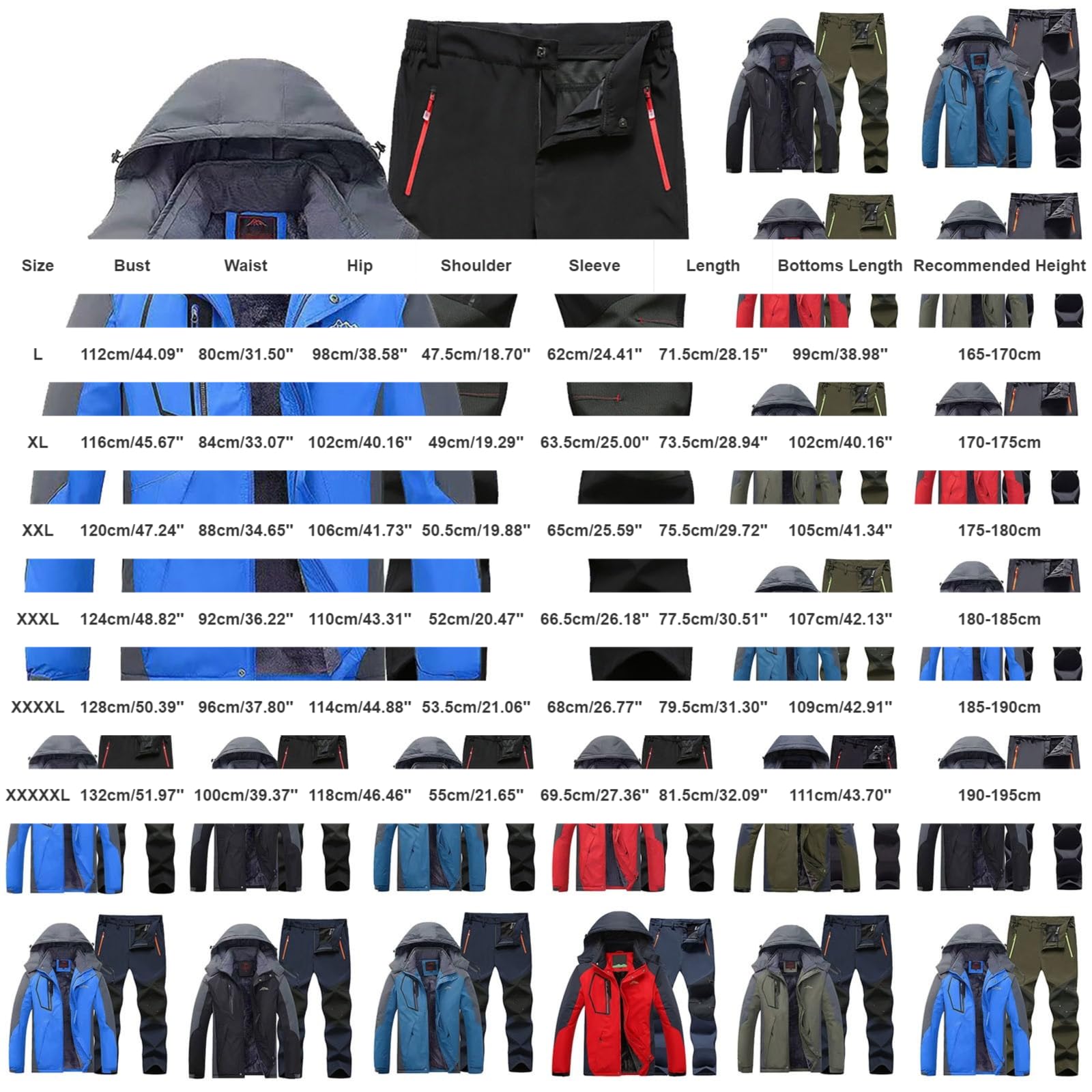 Tuta con cappuccio da uomo, set completo giacca da sci pantaloni da | Tuta termica impermeabile con cappuccio rimovibile, giacca da neve, pantaloni elasticizzati foderati in pile, set per sci