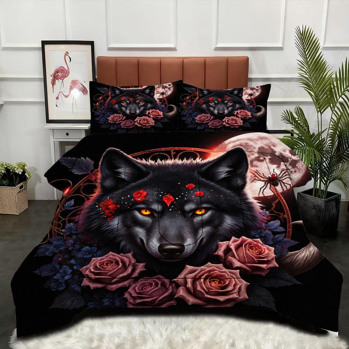Couette 220 x 240 cm loup noir et rose parure de lit 3 pièces sans housse