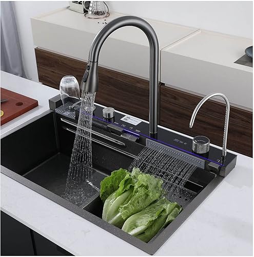Ksunun Fregadero de cocina en cascada, pantalla digital, salidas de cascada dual, grifo de cocina con pulverizador extraíble, fregadero de estación