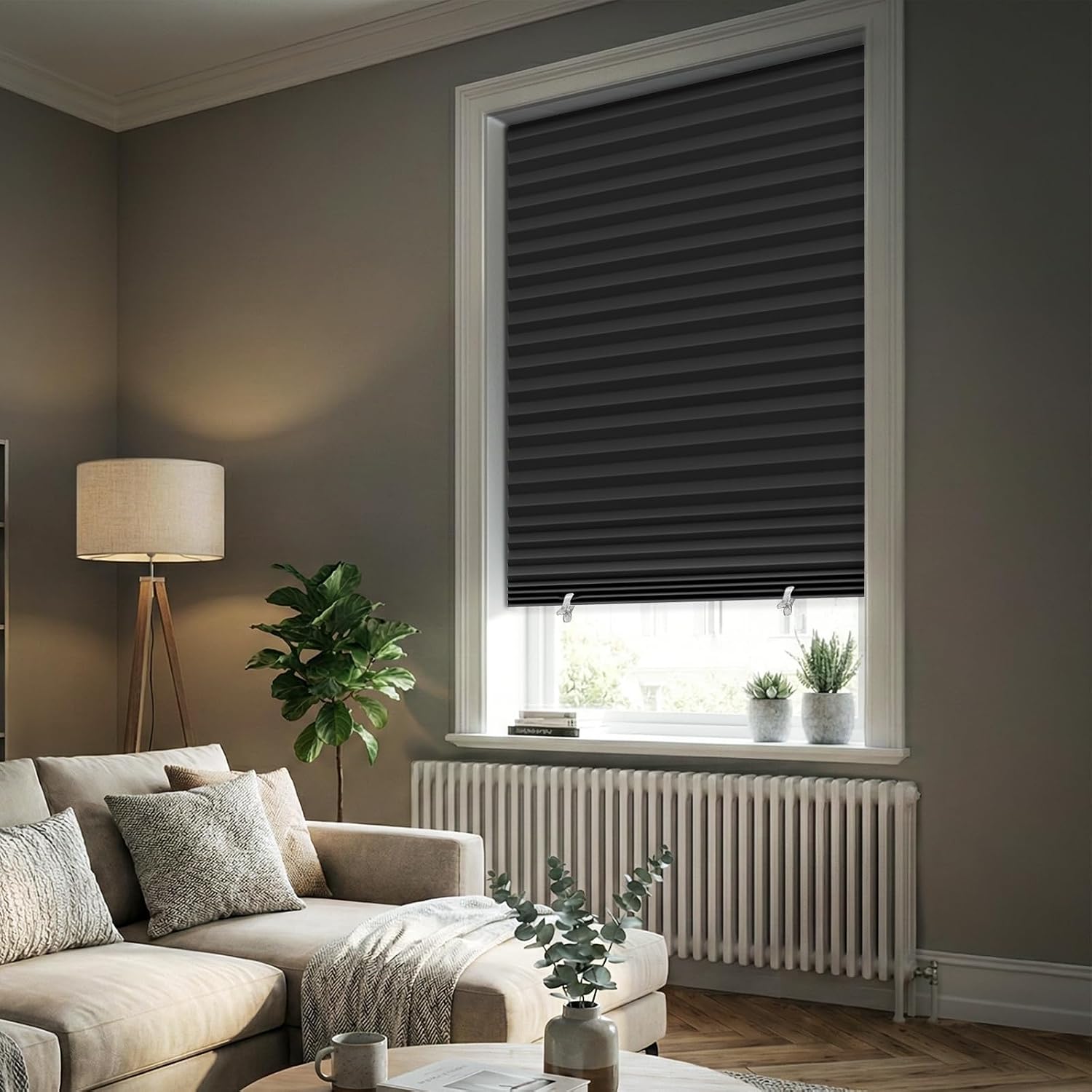 2 Pack Temporary Blackout Shades 24" W x 59" H for Indoor Windows, No Drill Adhesive Pleated Paper Blinds with 4 Clips, Cut to Size Room Darkening Shades, Black