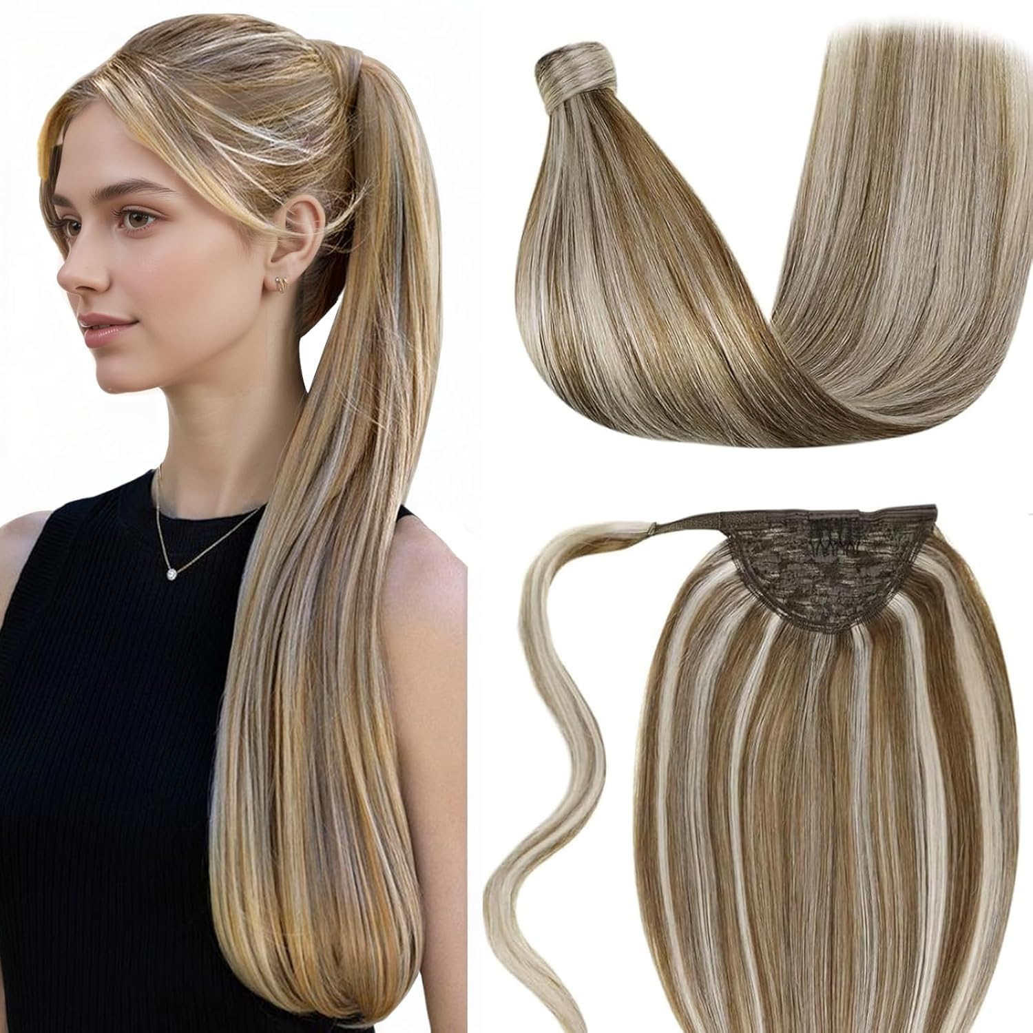 LaaVoo Ponytail Extensions Echthaar Zopf Braun Blond Haarverlängerung Zopf Echthaar Hellbraun Highlight Platinblond Easy Fit Echthaar Pferdeschwanz Extensions Glatt #P8/60 80g 50cm