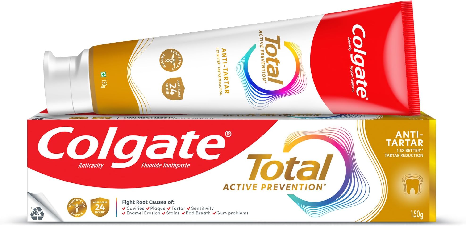 Total Anti-Tartar Toothpaste | Anti-Germ Tooth Paste | Colgate Paste Toothpaste with 1.5x Better Tartar Reduction (150gm)