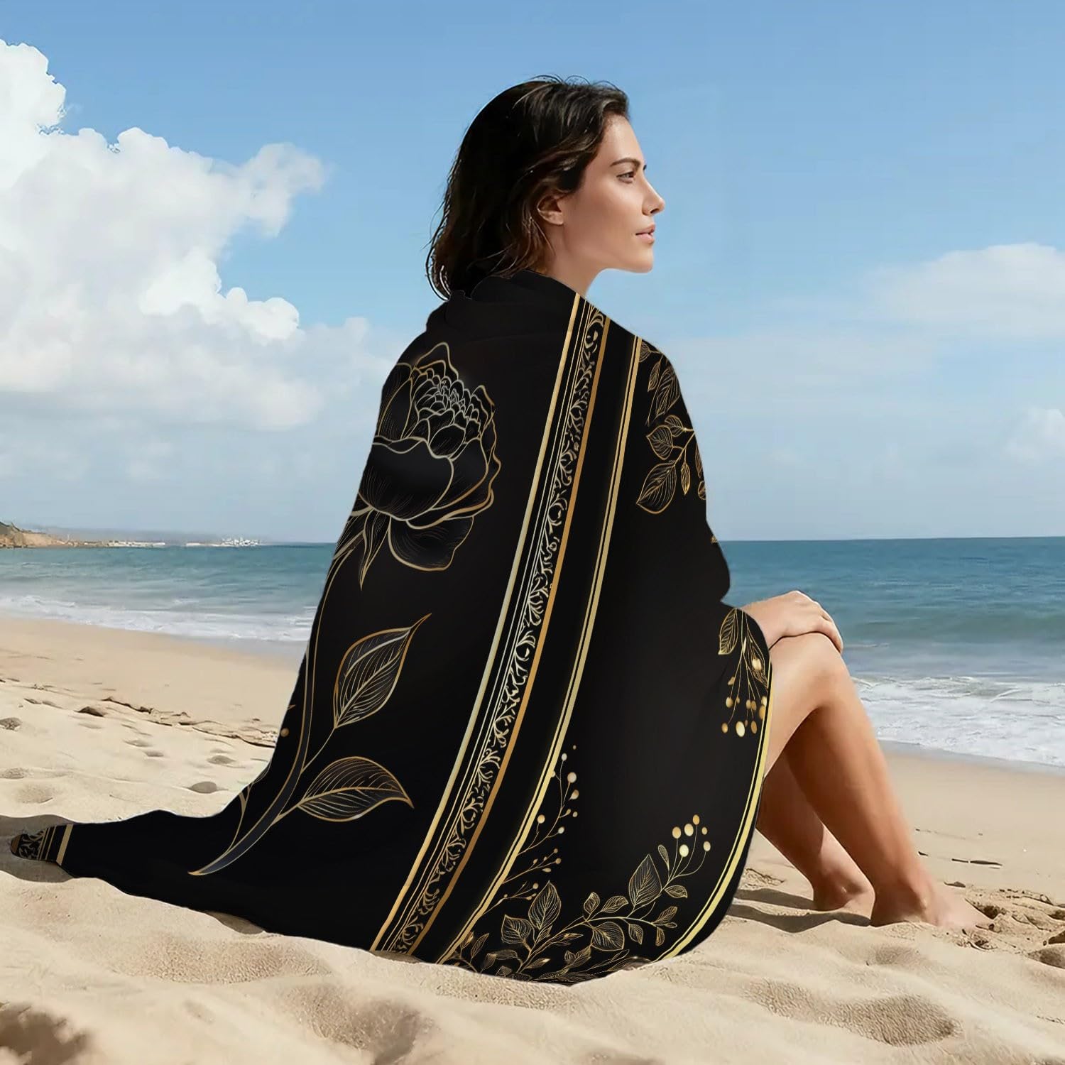 Générique Drap de Plage Anti Sable Sechage Rapide 200 cm x 100 cm Vintage Élégant Serviette de Plage Microfibre Luxe Gothique Orné Baroque Plantes Fleurs Absorbante Super Couverture de Plage