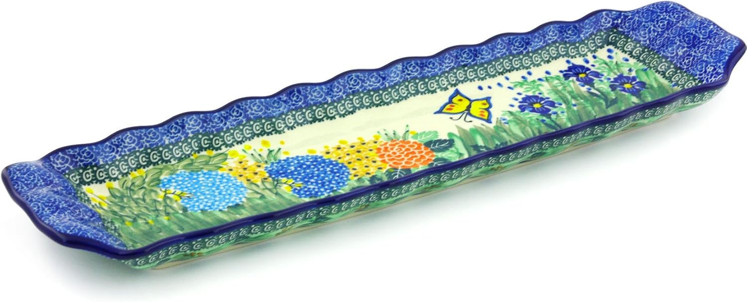 Polmedia Polish Pottery Platter with Handles 20-inch UNIKAT - Spring Garden Pattern Handmade in Boleslawiec Poland by Ceramika Artystyczna + Certificate of Authenticity