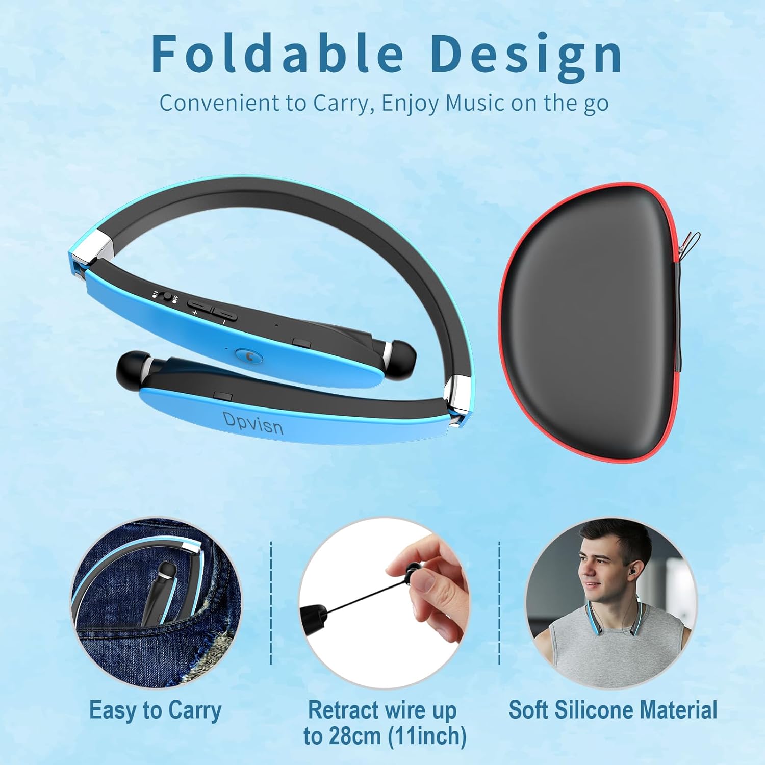 Bluetooth Neckband Headphones, Foldable Wireless Lightweight Neck Headset with Retractable Earbuds, Noise Cancelling Sweatproof Stereo Earphones with Mic & Carrying Case - Image 4