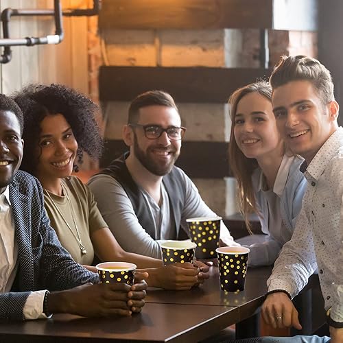 Miniatura 6 de Sieral 100 vasos de papel desechables de papel de aluminio de oro negro para Navidad, tiro de lunares, 9 onzas, vasos de café a granel para bodas,