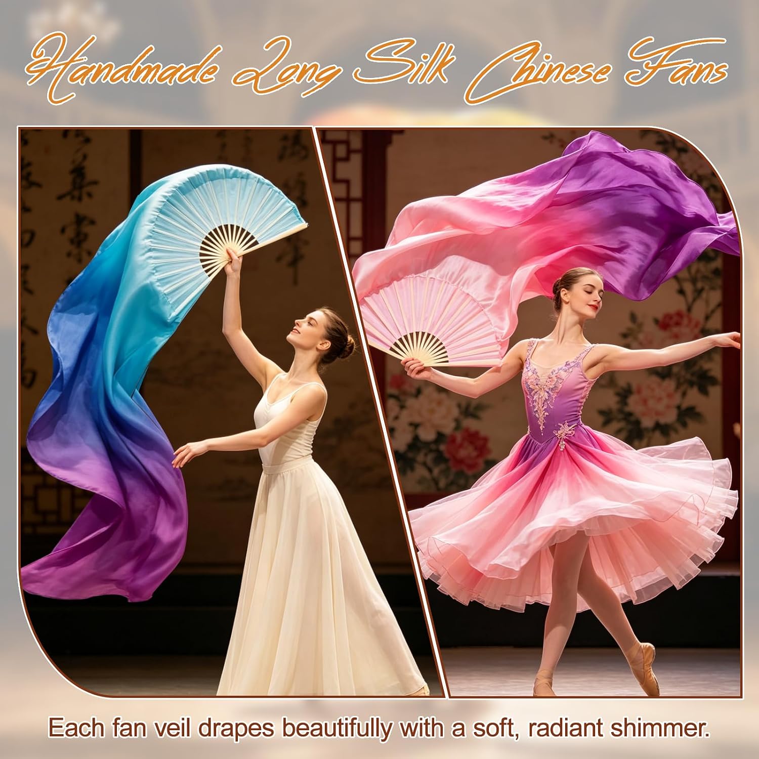 Belly Dance Faux Silk Fan Veil, 2 Pairs Handmade Long Silk Chinese Fans for Dancing Abanicos de Danza Cristiana for Line Dance (White)
