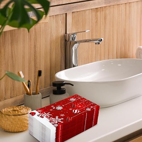 Miniatura 6 de AnyDesign - Paquete de 100 servilletas de papel desechables de Navidad clásicas rojas, bolas de Navidad, copos de nieve, vacaciones de invierno,