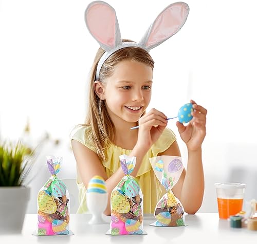 Miniatura 6 de 100 bolsas transparentes de Pascua, bolsas de dulces de galletas con 150 lazos dorados, bolsas de regalo para el día de Pascua con coloridos
