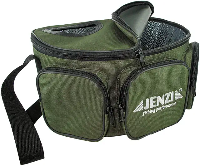 Cesta de Mimbre Jenzi para Pesca con 3 Bolsillos y Correa Cómoda