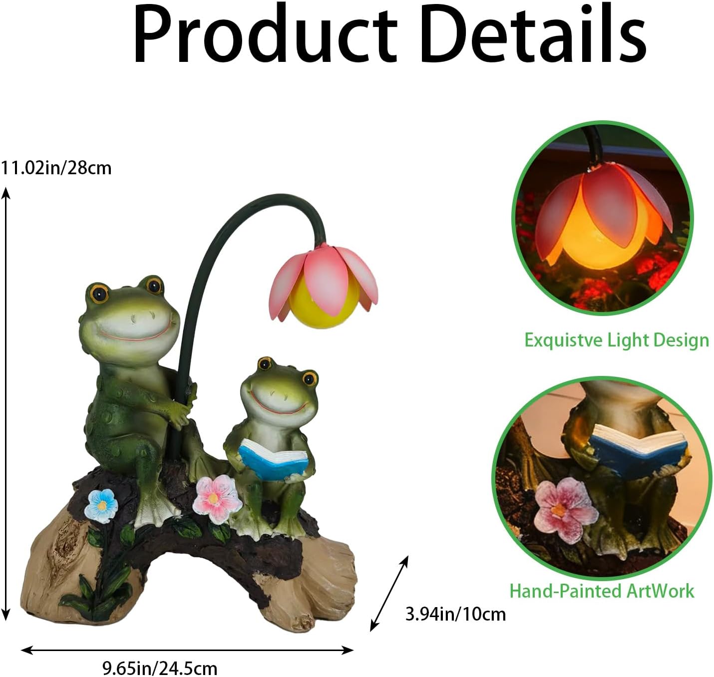 Solar Powered Frog Garden Statue with Flower Lamp, Resin Frog Figurine Set with Reading Frog, Outdoor Decor for Patio, Lawn, Yard, Unique Gift for Frog and Garden Enthusiasts(Green)