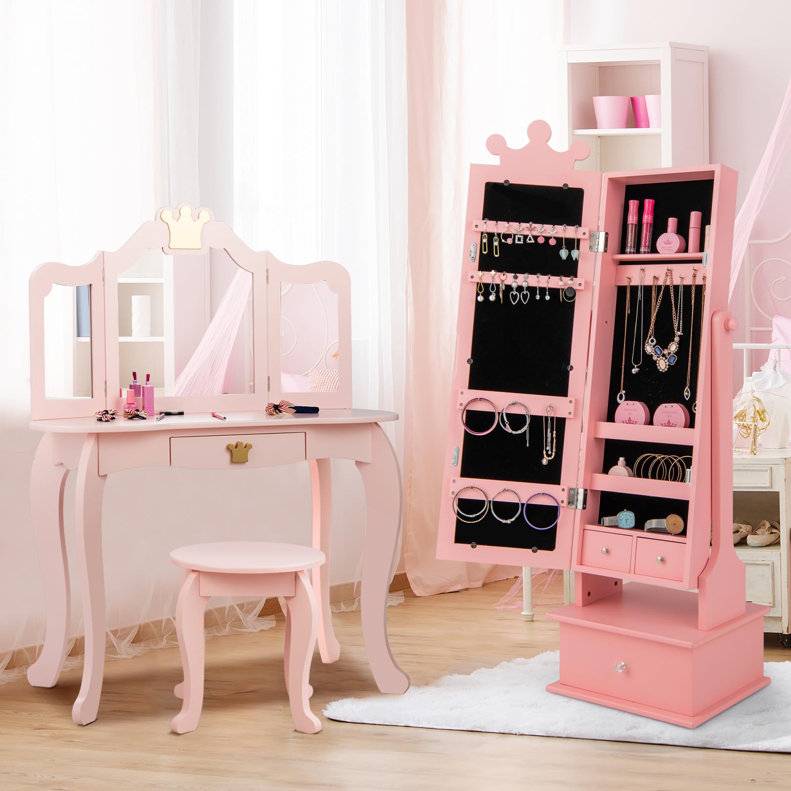 GOPLUS - Armario de joyería infantil con espejo de longitud completa, organizador de joyas con 3 cajones y 4 estantes de almacenamiento, 13 ganchos y 18 ranuras para pendientes, rosa (Pink)