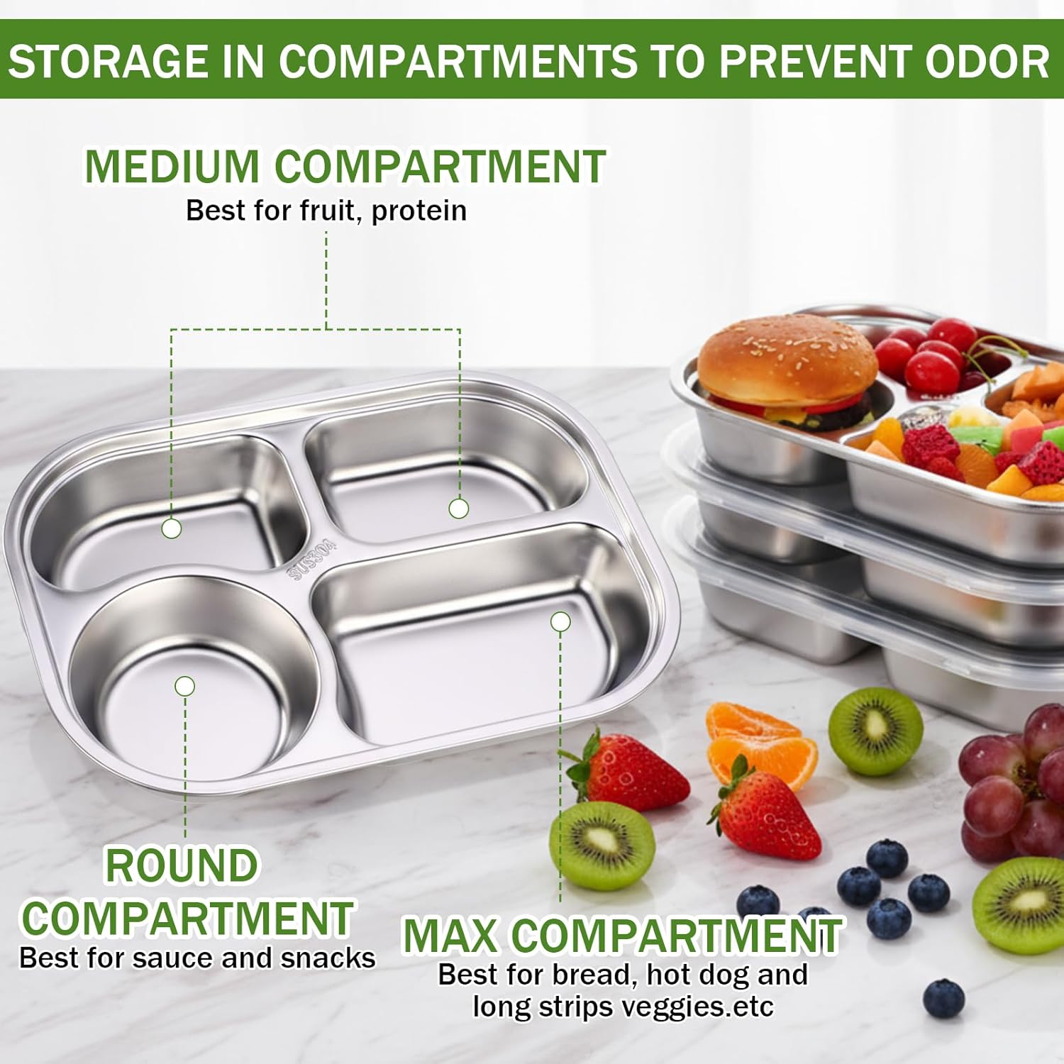 Potchen 6 Pack Stainless Steel Snack Containers with Lids, Reusable 4 Compartments Bento Boxes Meal Prep Snack Lunch Box for Kids Adults, Divided Food Storage Container for Home Travel