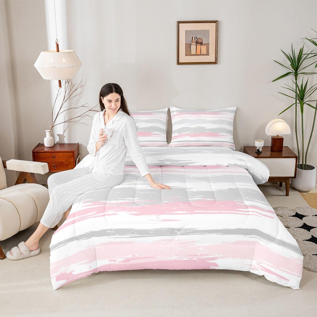 Erosebridal Abstract Pink Comforter Set King Size Modern White Grey Striped Bedding Set for Girls Women Geometric Aesthetic Oil Painting Comforter Minimalist Simple Watercolor Quilt