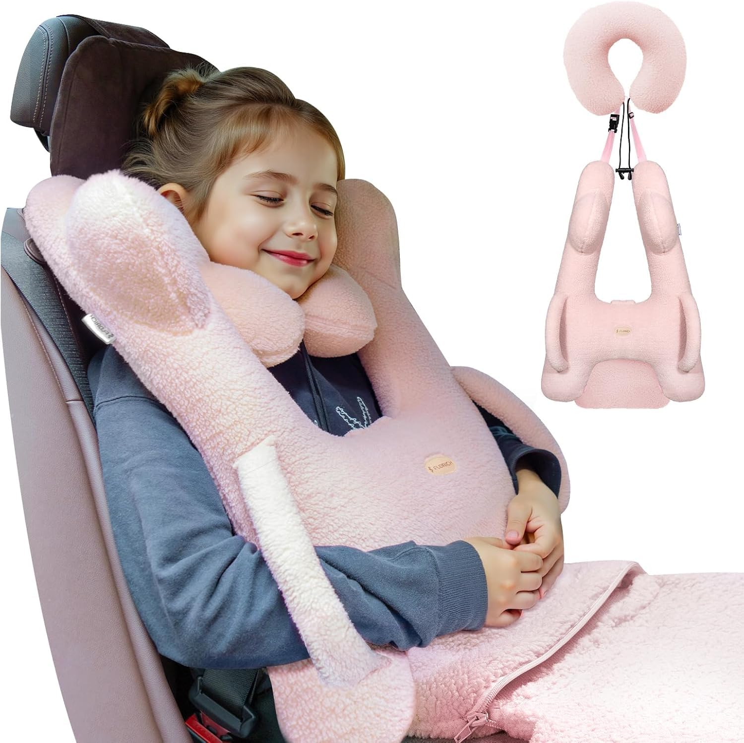 FLORICH Cuscino Auto Bambini a Forma di H, Cuscini Viaggio Bambini, Lavabile e Traspirante con Cuscino per il Collo e Coperta per Bambini e Adulti per le Vacanze in Auto (Rosa01)
