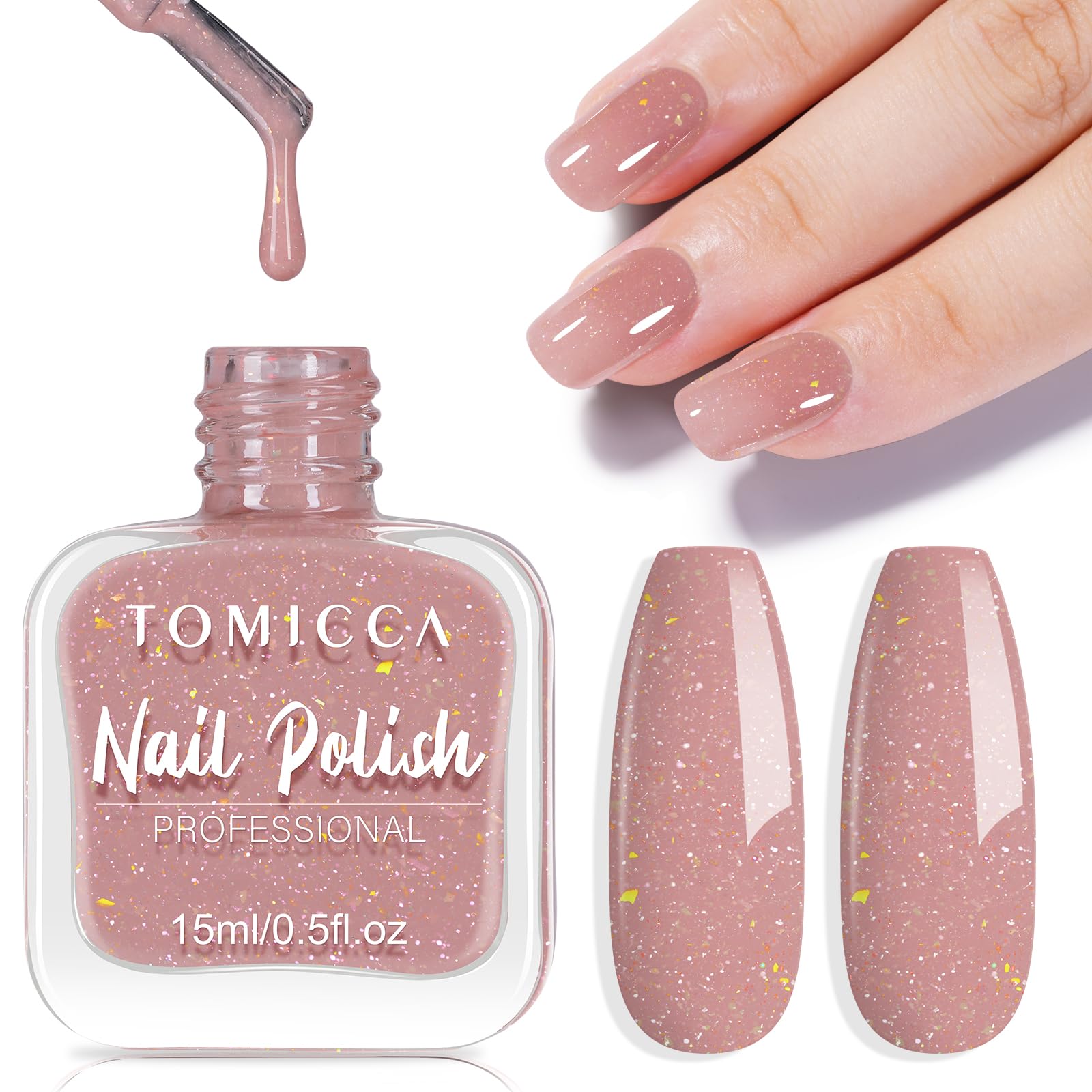 TOMICCA Glitzer Rose Nagellack, 15ml Glänzend Schnelltrocknender Langanhaltender, Rose Abziehbar auf Wasserbasis Nagellack für DIY Nail Art Maniküre