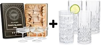 BELLAFORTE Glass Champagne Coupe Glasses + Myrtle Beach Tritan Plastic Drinking Glasses Clear, Set of 4