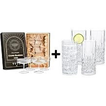 BELLAFORTE Glass Champagne Coupe Glasses + Myrtle Beach Tritan Plastic Drinking Glasses Clear, Set of 4