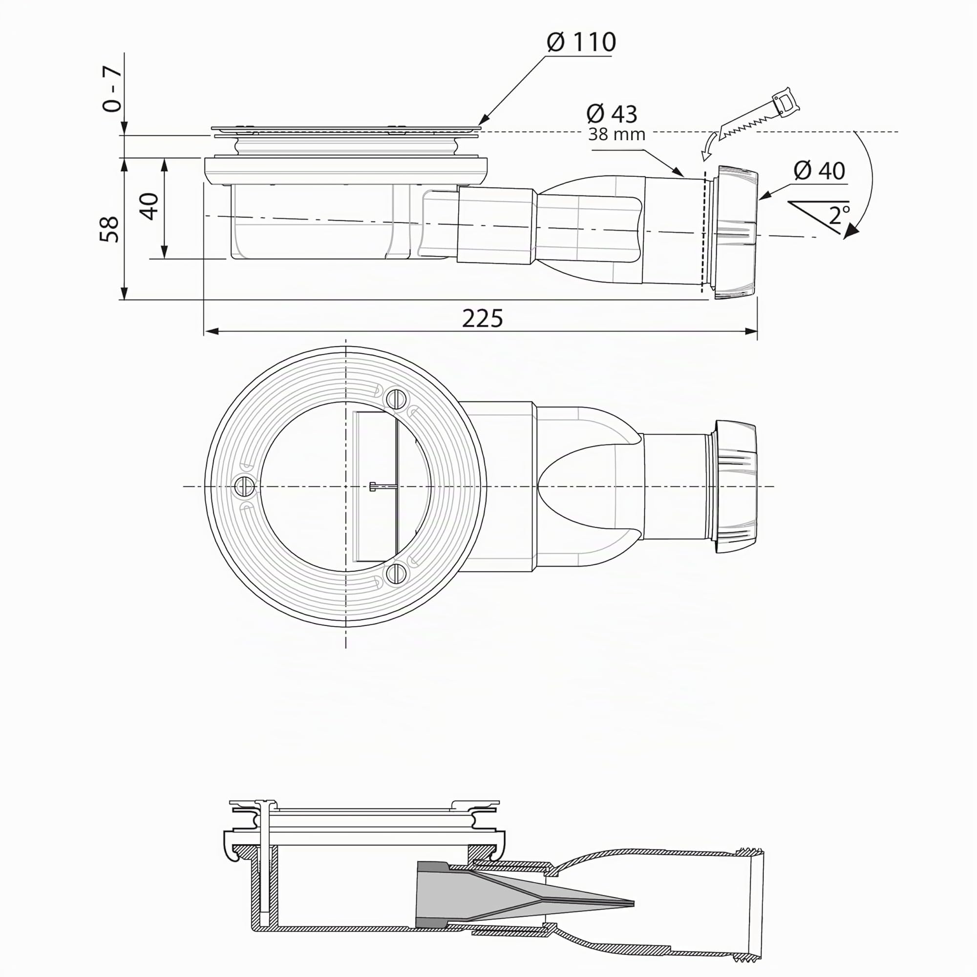 Wirquin 30722575 Ablaufgarnitur, extra flach, für Duschwanne, ohne Kuppel