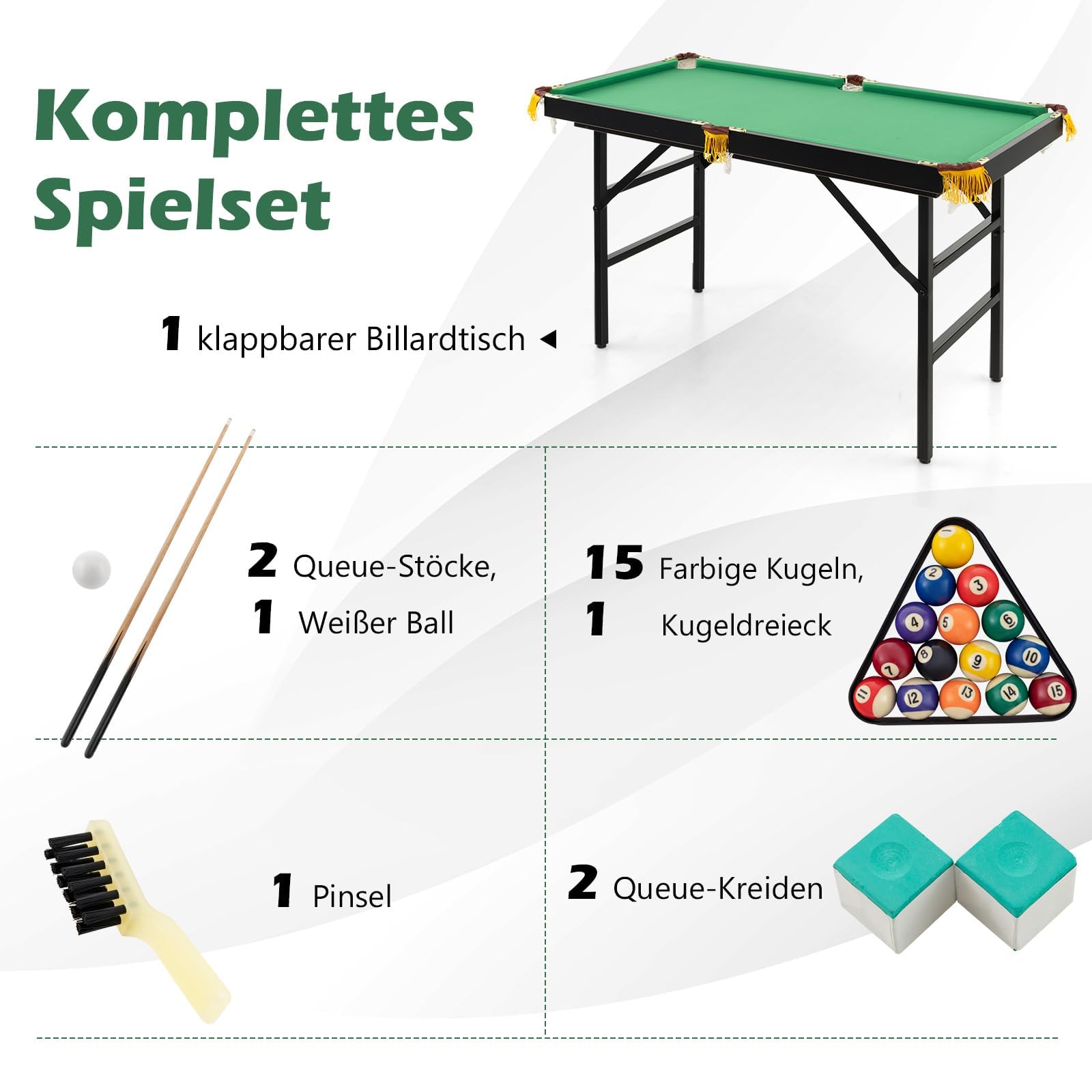 COSTWAY Billardtisch klappbar, Billiard Tisch mit Zubehör, Pooltisch mit 2 Queues, 2 Kreiden, Dreieck & Bürste, Tischbillard aus Holz, Snookertisch für Kinder, Erwachsene, 122 x 64 x 78 cm