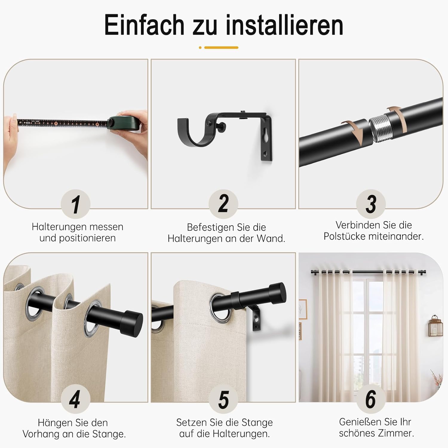 Gardinenstange Schwarz, 80-367cm Vorhangstange Ø25 mm | Belastbar bis 5 kg. Inkl. Halterung für Wand- & Deckenmontage. Ideal für Wohnzimmer, Schlafzimmer, Küche & Balkon