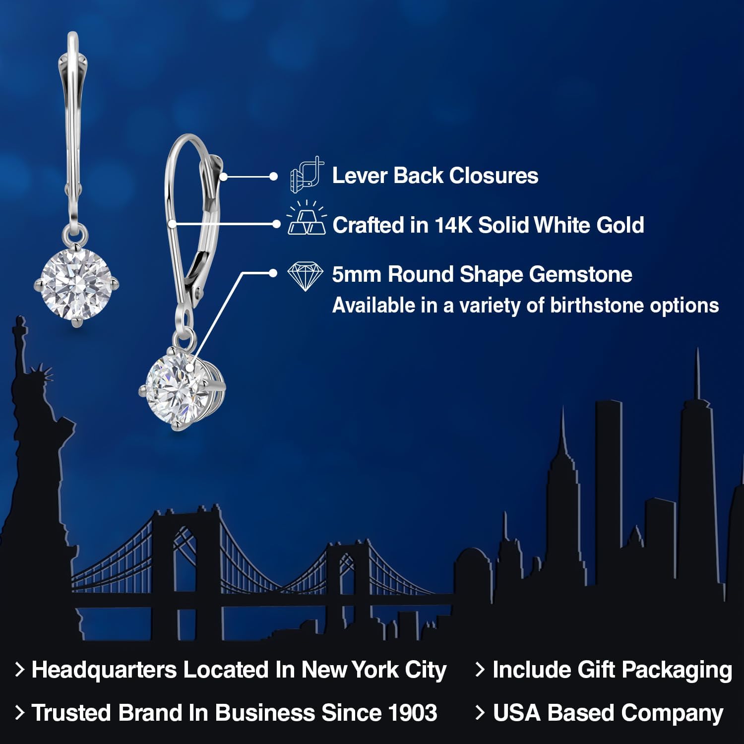 Gem Stone King 14K White Gold Gemstone Birthstone Leverback Dangle Earrings for Women | Round 5MM | Gold Jewelry for Her Mom Wife - Image 2