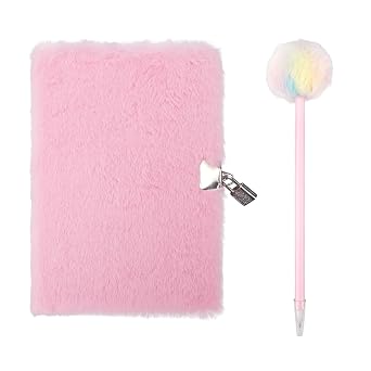Biiange Plush Notebook, Plush Notebook with Lock, Faux Fur Secret Diary Lovely Notebook, for Girls Teens Fuzzy Journal Writing Pad A5 Lined 160 Pages1Set