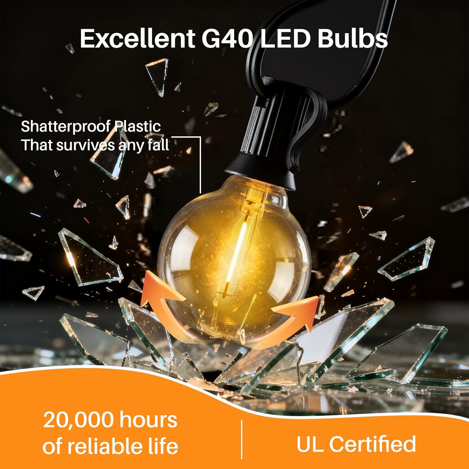 50 FT Yellow Outdoor String Lights G40 Globe Shatterproof Patio Lights,26 Plastic Edison Bulbs(2 Spare) IP65 Waterproof Dimmable LED Bulbs for Backyard Porch Balcony Party Decor, E12 Base