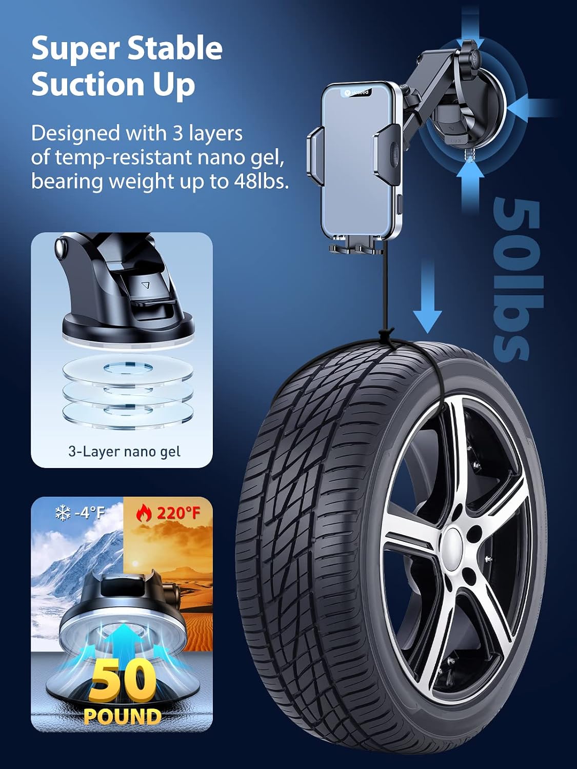 VICSEED Phone Mount for Car [𝗦𝘁𝗿𝗼𝗻𝗴 𝗦𝘂𝗰𝘁𝗶𝗼𝗻][𝗟𝗼𝗻𝗴 𝗔𝗿𝗺] Super Stable Car Phone Holder Mount for All Phones with Thick Cases 3 in 1 Universal Cell Phone Holder Mount