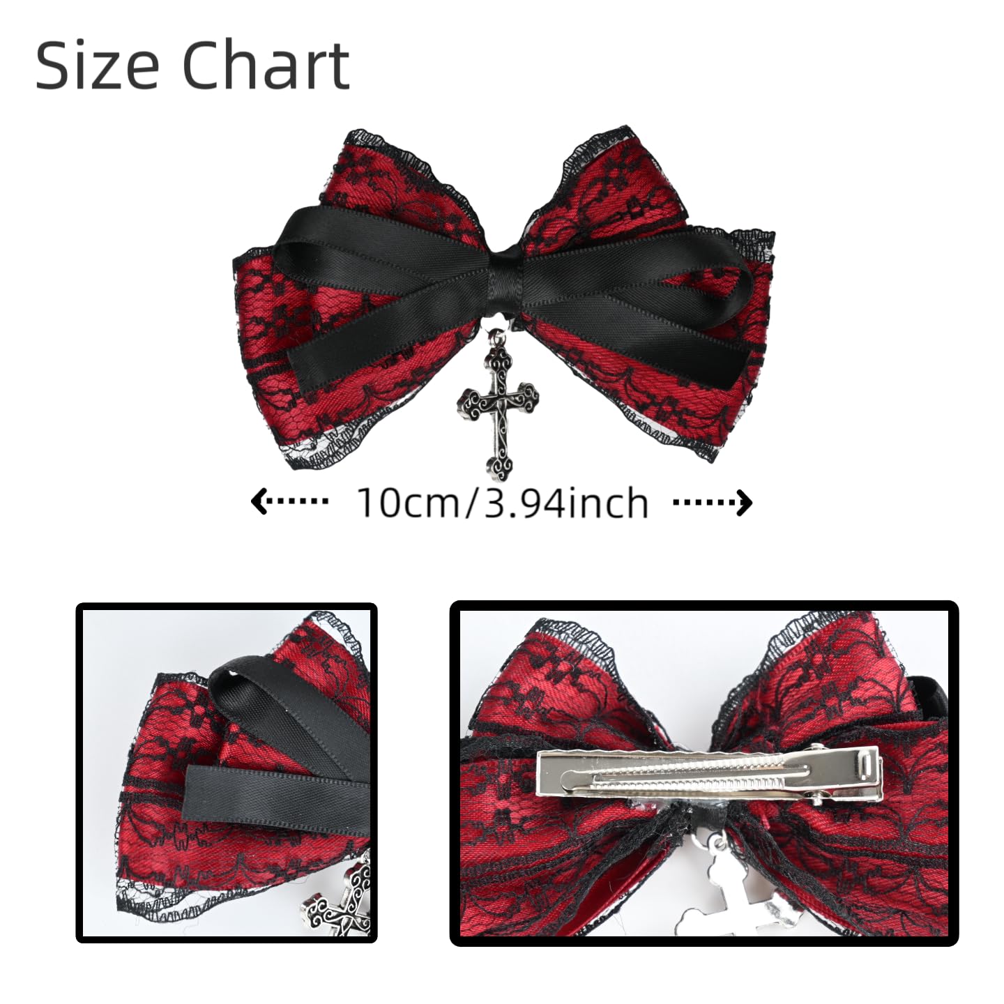 2PCS Gothic Bow Clips 3.96'' Halloween Hairbows Punk Hair Accessories for Girls Women Black Lace & Red Bow with Cross Duckbill Clips - Image 4