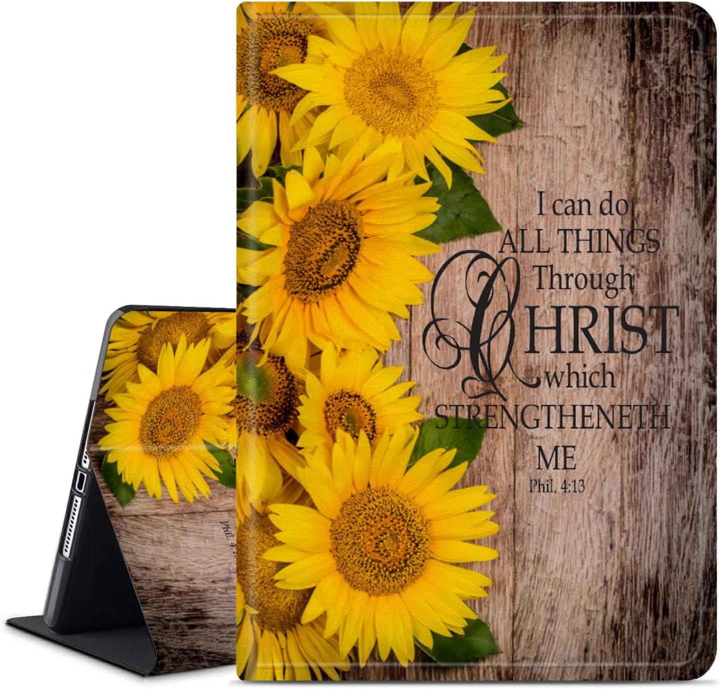Compatible for iPad Air 13 inch Case (M3 2025 /M2 2024)/Pro 12.9 inch (6th/5th/4th/3rd 2022/2021/2020/2018),Adjustable Stand Protect Cover,Bible Verses 4:13 Wood and Sunflower