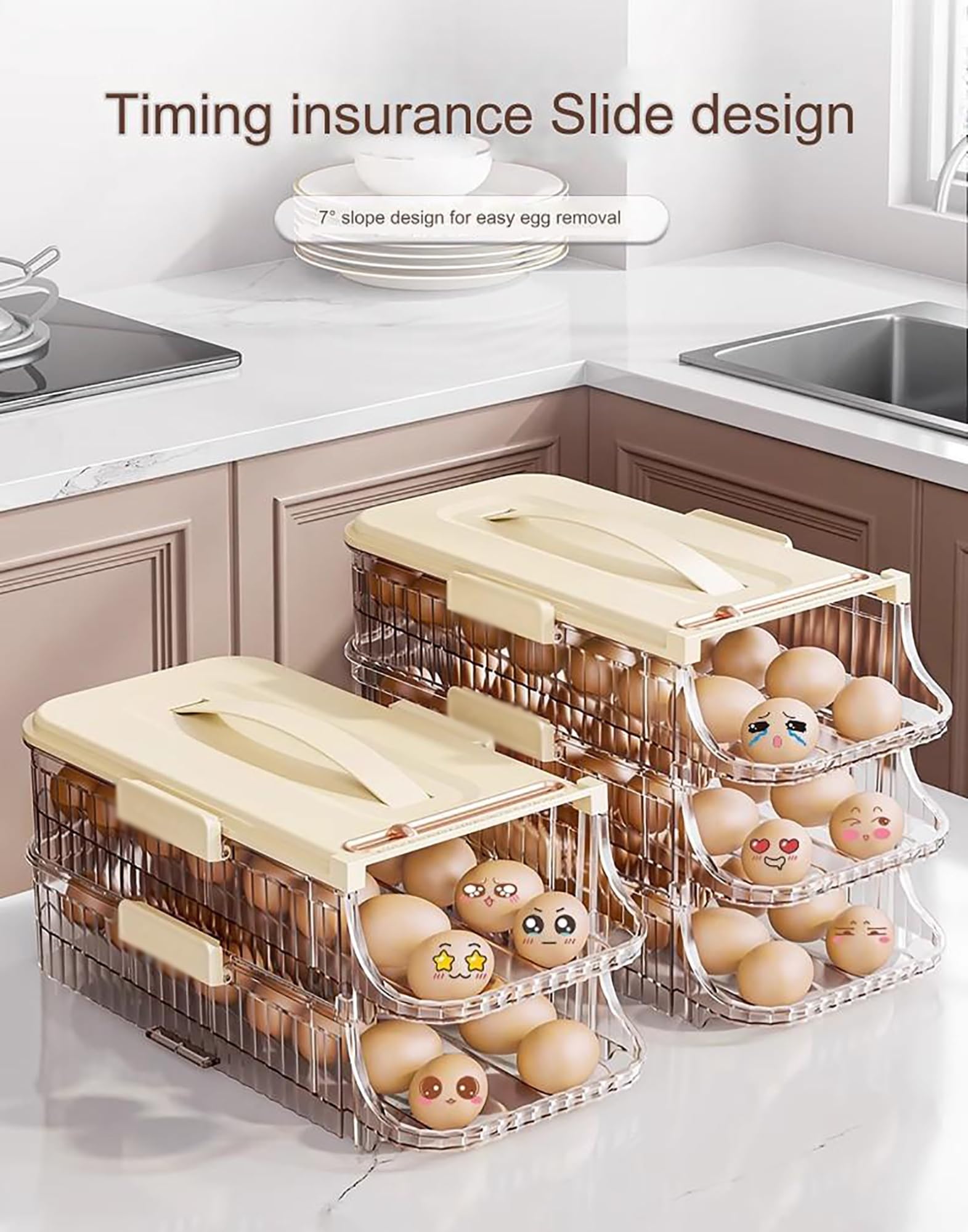 Contenedor y bandeja de plástico transparente for huevos, estante for almacenar huevos de 1, 2 o 3 niveles, dispensador de huevos apilable con tapa resistente(Holder 48 Eggs-32x16.7x19.6cm)