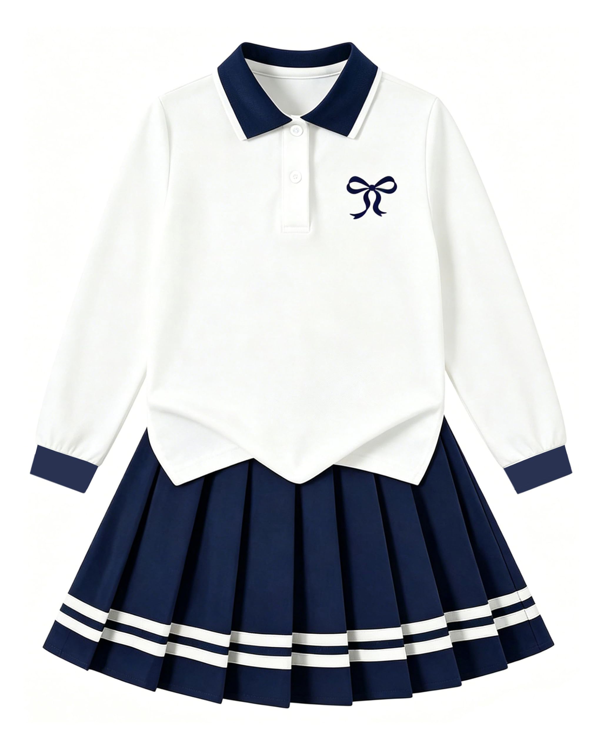 Betusline Girls Skirt Set Long Sleeve Polo &amp; Pleated Skirt, 4-14Y