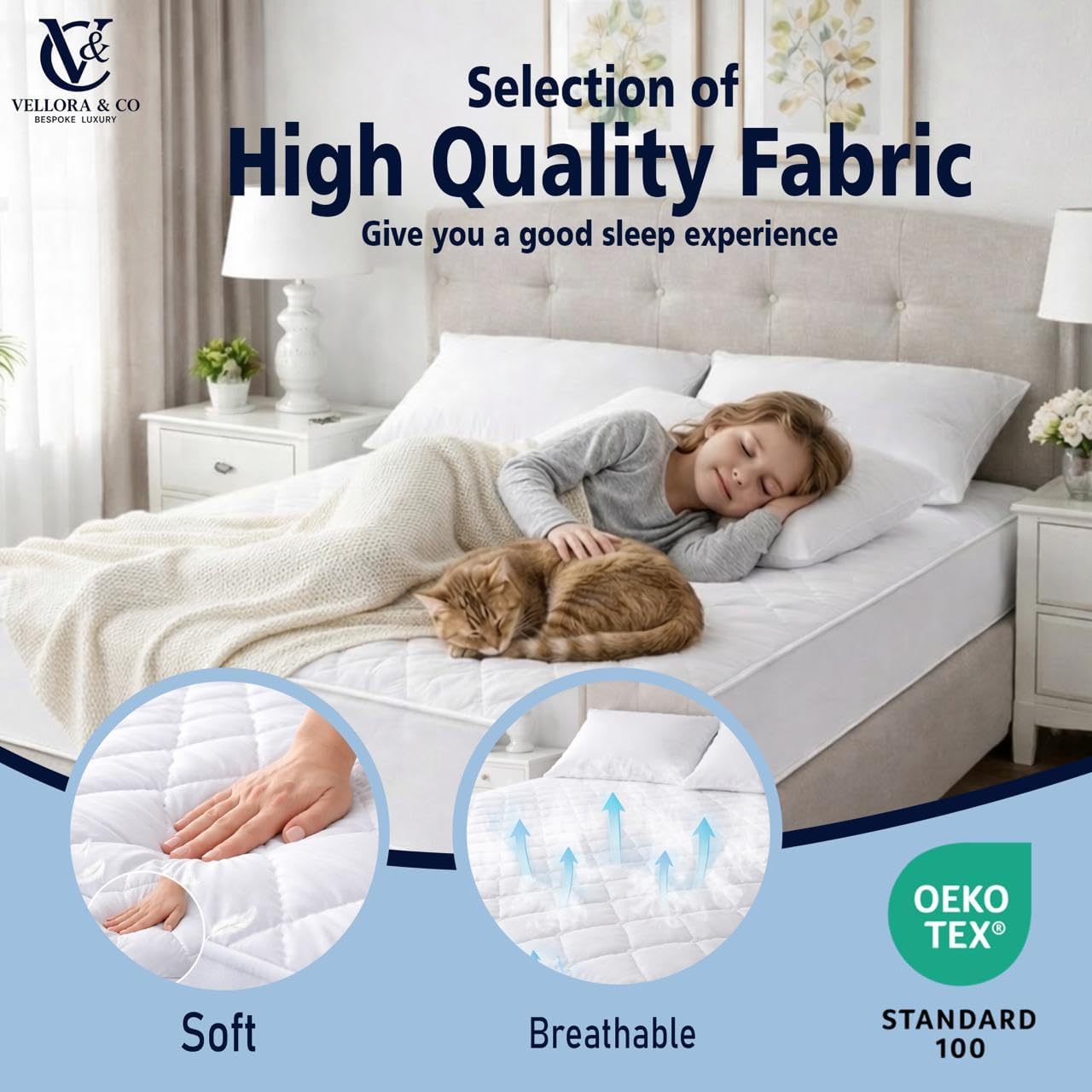 Waterproof Mattress Protector – 100% Polyester Soft Top Fabric, Breathable & Noiseless Bed Cover with Leakproof Backing, Deep Pocket Fitted Mattress Protector (Queen)