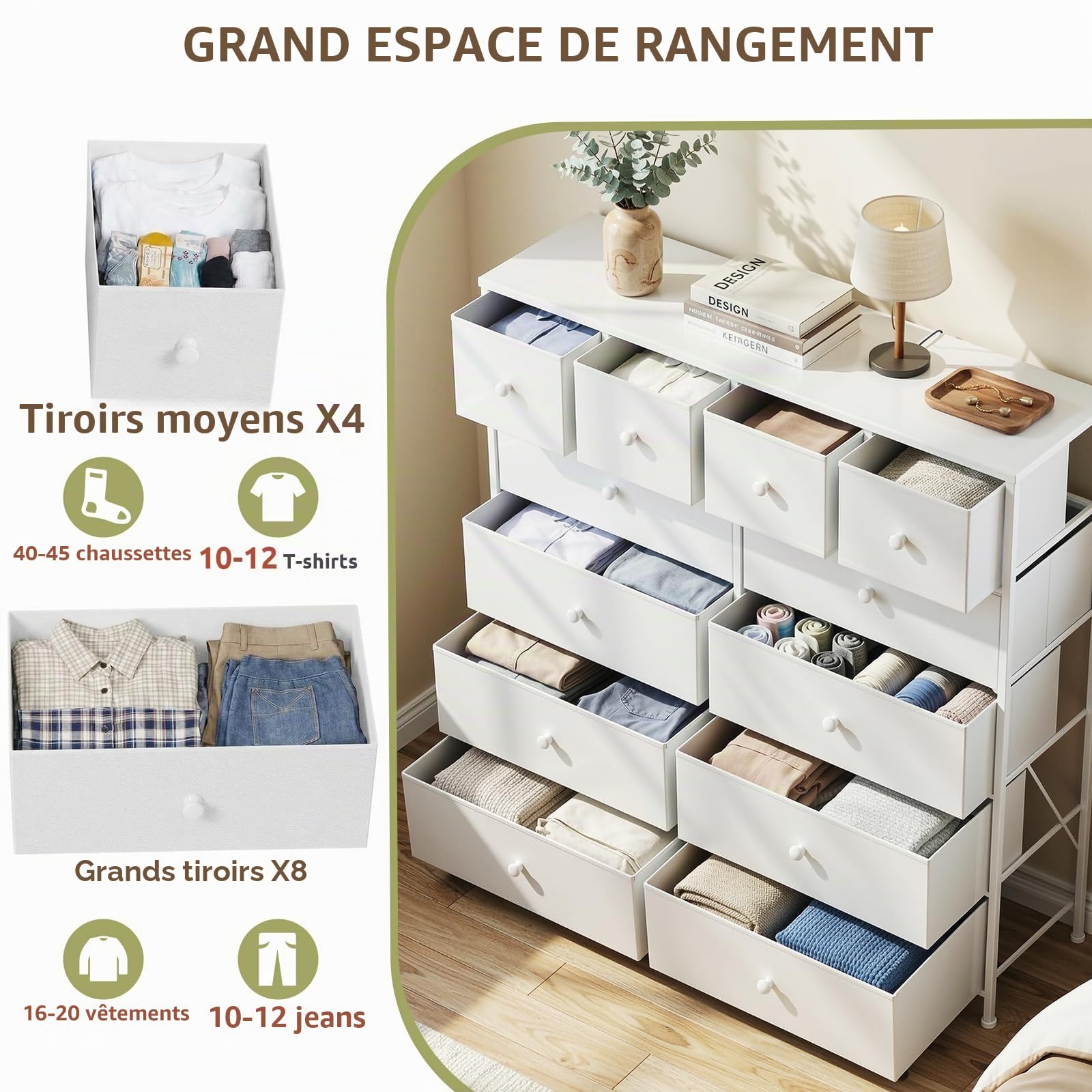 Clevich Commode pour Chambre à Coucher, Armoire à 12 Tiroirs en Tissu Meuble de Rangement avec Dessus en Bois et Grand Espace de Rangement Chambre à Coucher, Salon, Entrée (Blanc)