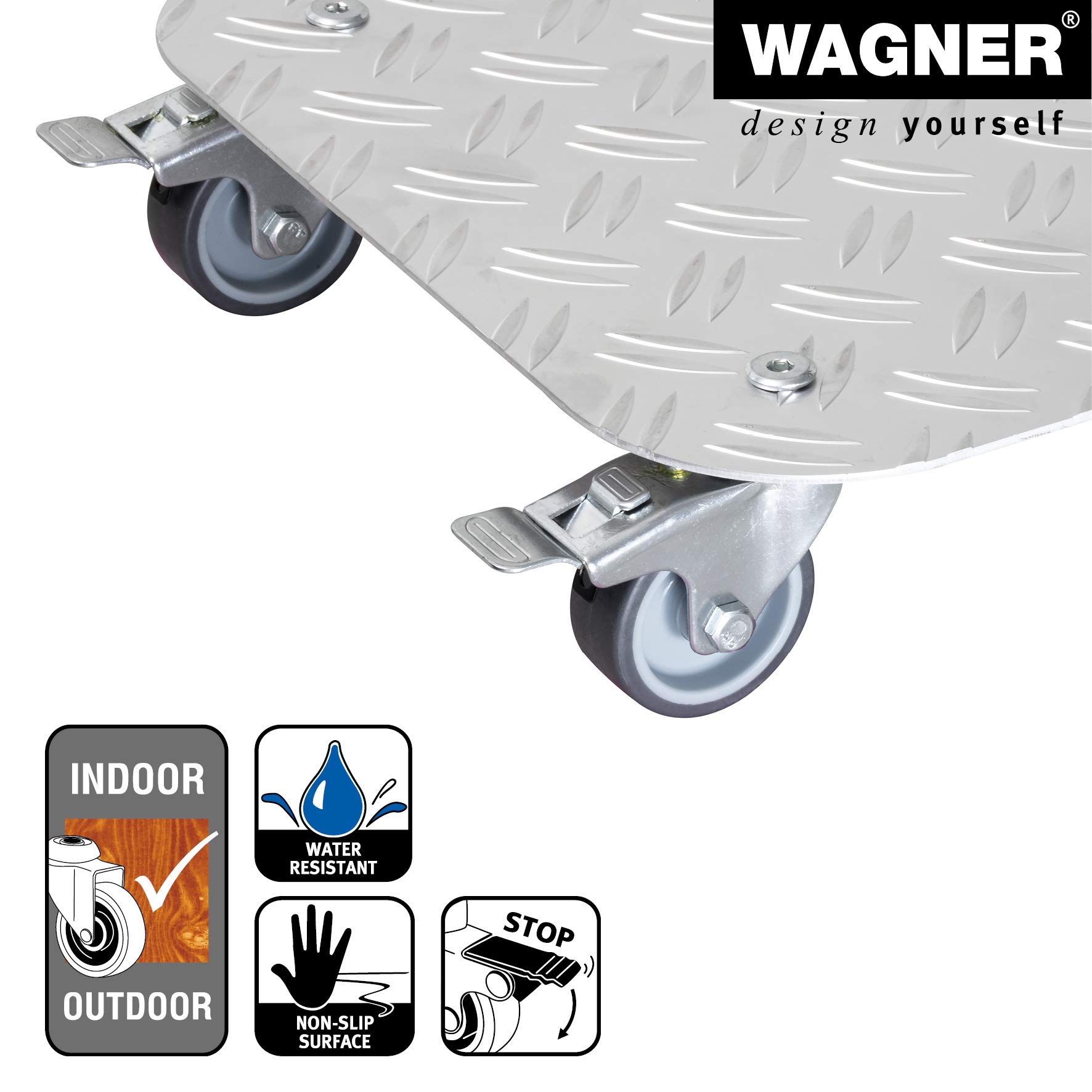 WAGNER Pflanzenroller Alaska 29 x 29 x 7,5 cm I Blumenroller für Außenbereich + Innenbereich I Kübelroller aus Aluminium Riffelblech I 2 Total-Feststeller I Tragkraft 100 kg I Made in DE- 20700301
