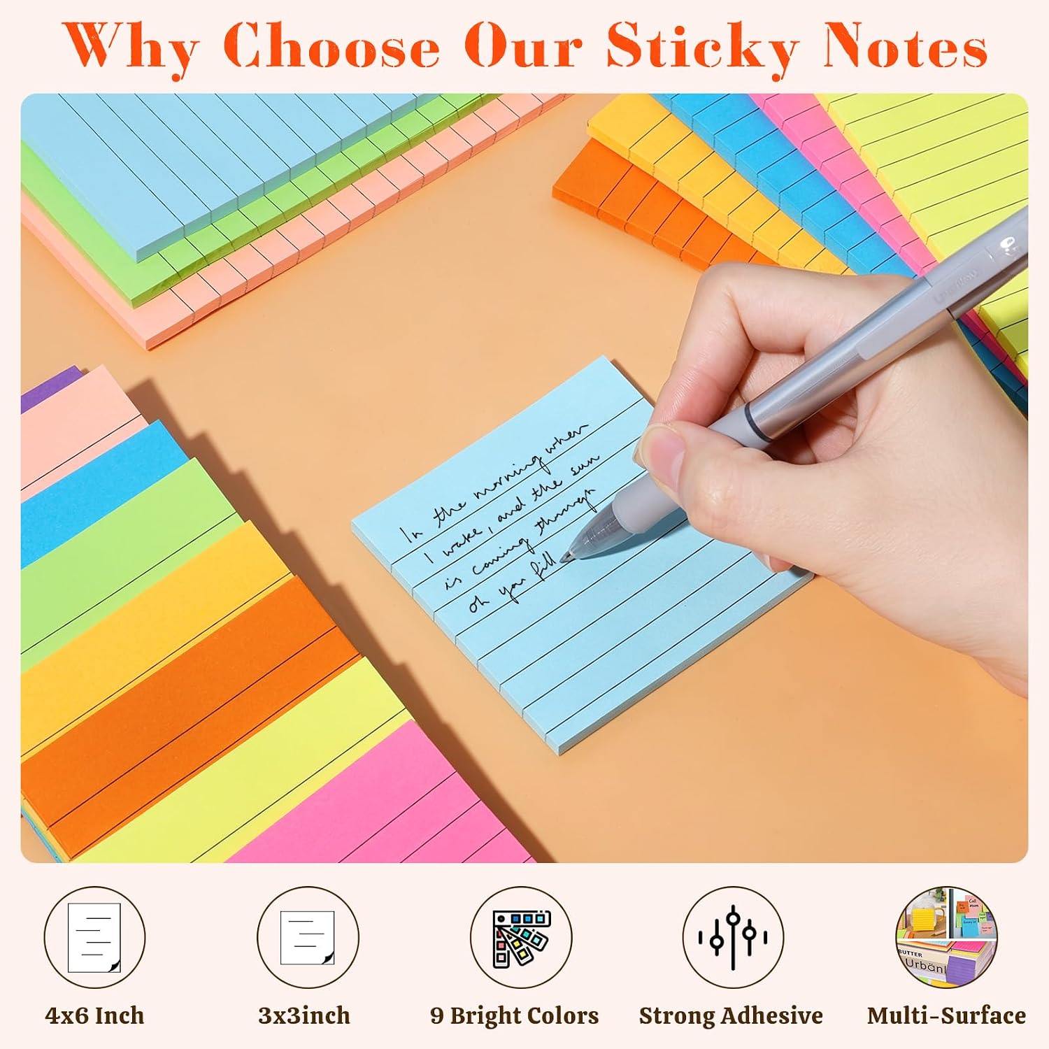 18 Pack Lined Sticky Notes, 9 Bright Colors Self-Stick Note Pads image 4