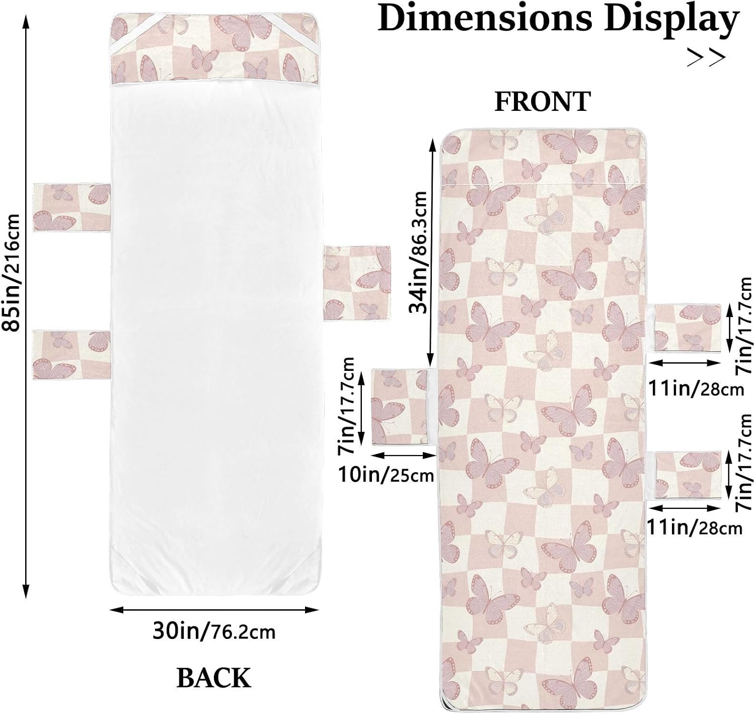 Butterfly Check Lounge Chair Towel Cover with Side Pockets – 85x30in Foldable Chaise Cover for Beach, Pool, Patio, Spa